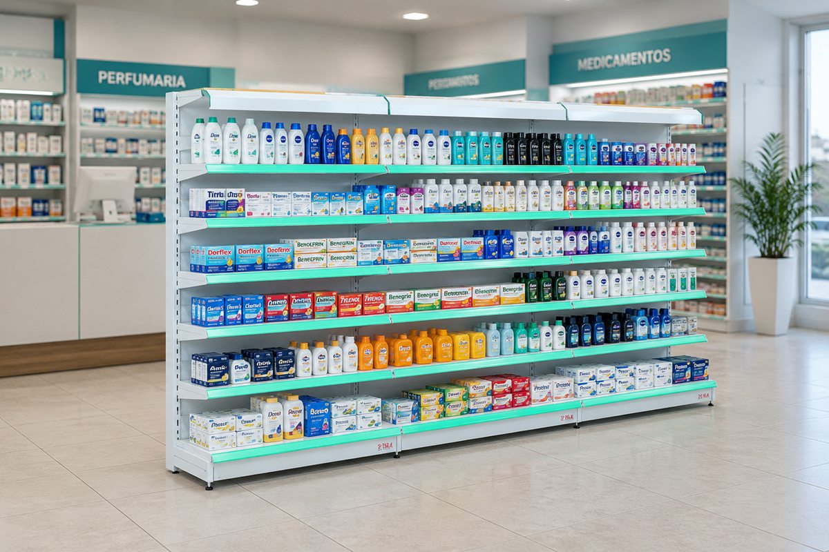 Gôndola com medicamentos e itens de perfumaria em farmácia