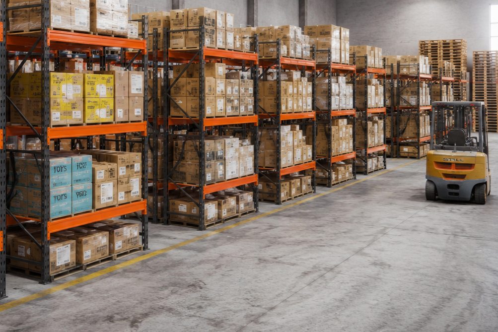 Porta-pallets carregados e empilhadeira em centro de distribuição