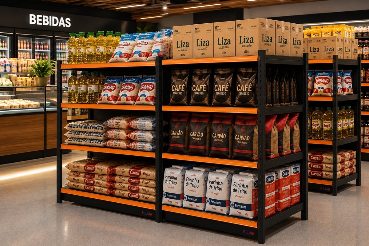 Estruturas de aço abastecidas com mercadorias em supermercado